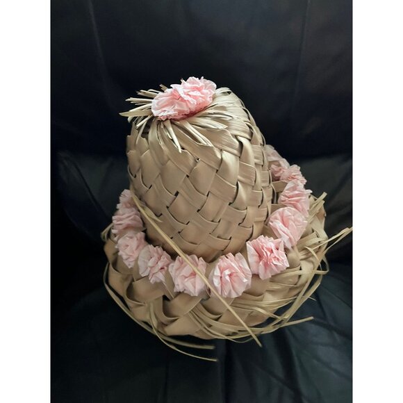 Vtg 1967 Hat Women’s Pink Hawaiian Handmade Palm Frond Woven 7″ x 10 1/2″ - Picture 2 of 6